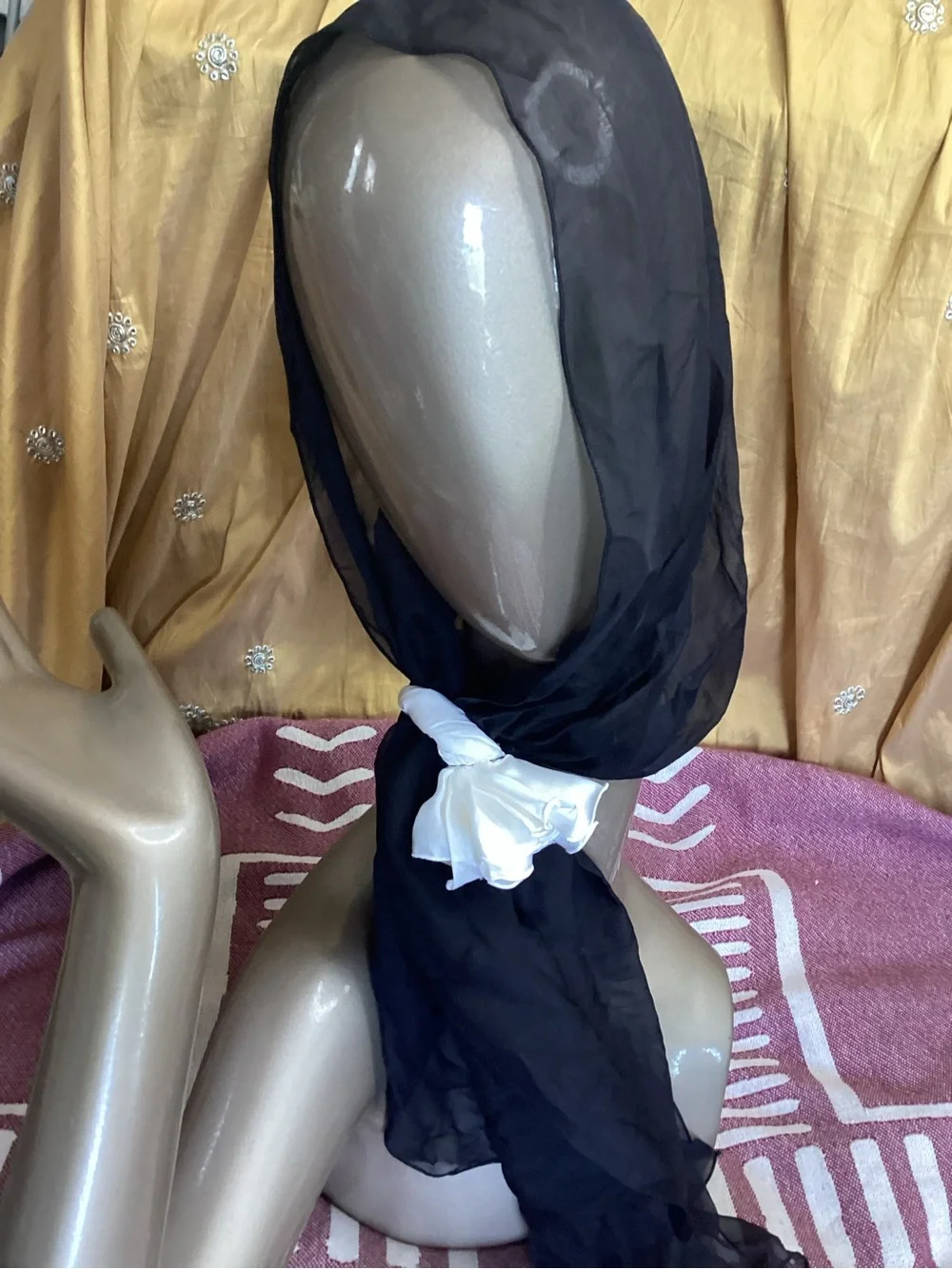 Nordstrom Black Sheer Silk Scarf with White Floral Knot Detail
